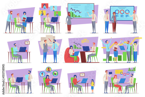Professionals engaged in various activities including meetings, presentations, and discussions in modern office setting. Teamwork and innovation in problem-solving concept