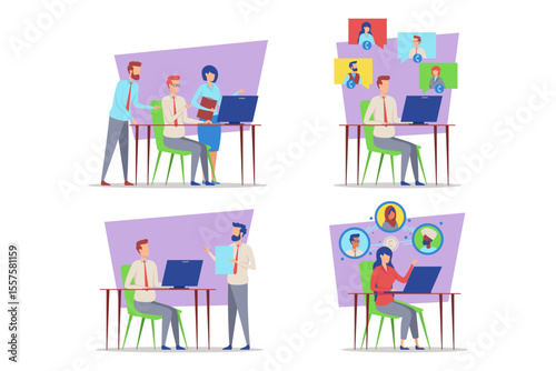 Teams engaged in discussions and presentations, showcasing various activities related to digital meetings, financial planning, and professional collaboration