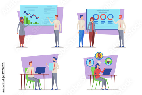 Professionals engaged in collaborative discussions and presentations in bright, modern office. Teams focusing on charts, reports, and brainstorming sessions to drive success