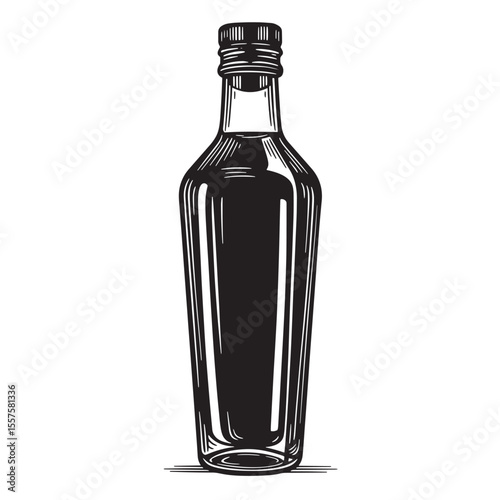 Intricate vintage art silhouette depiction of an elegantly shaped olive oil bottle, ideal for food and beverage design projects