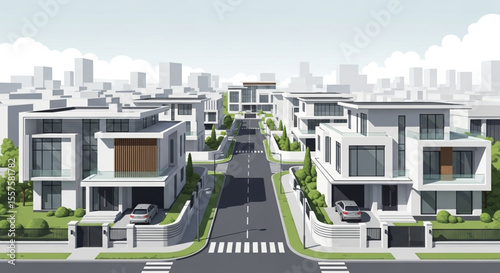 Modern residential neighborhood with streets and houses, city skyline in the background.