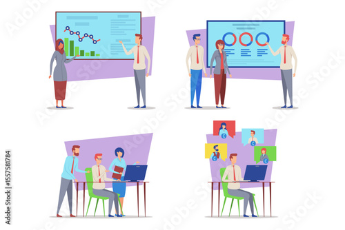 Diverse professionals engaged in various activities. Some discussing data reports, while others collaborating on computer