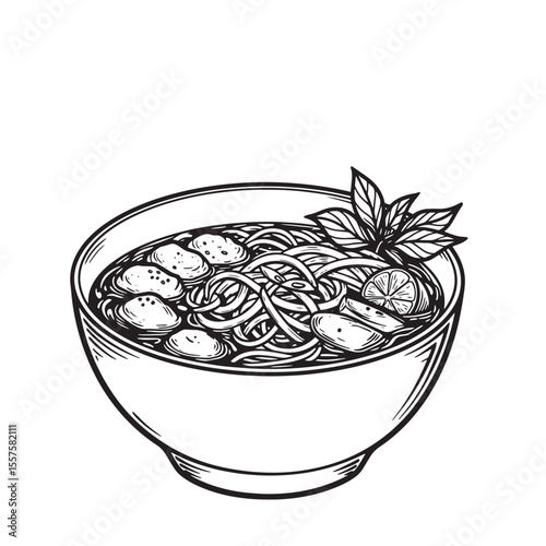 Vintage art silhouette of a delicious bowl of vietnamese pho noodle soup garnished with herbs and citrus in a black and white style