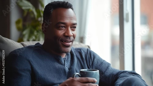 A man enjoys a warm beverage, reflecting contentment and relaxation in a cozy indoor setting by the window.