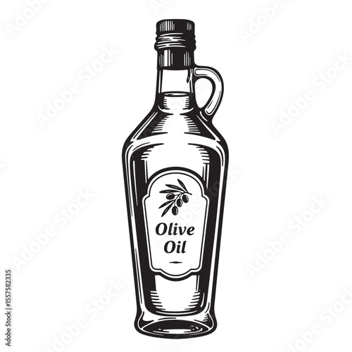 Vintage art silhouette of an olive oil bottle with a handle and a label detailing olive oil and a decorative olive branch