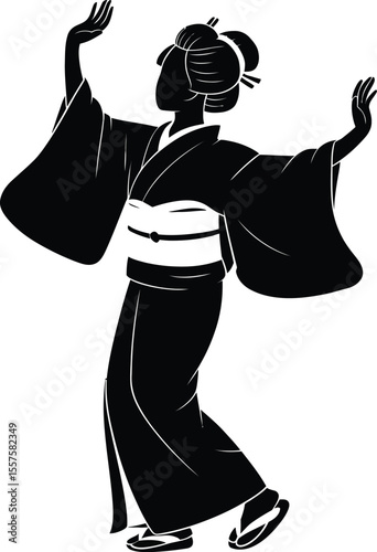 Elegant japanese geisha dancing gracefully in traditional kimono silhouette