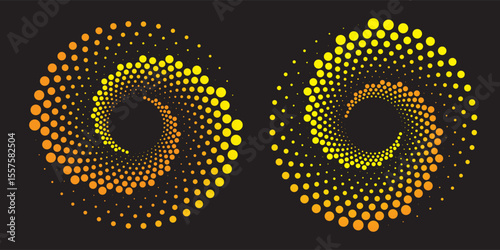 Halftone yellow circular dotted frames set. Circle dots texture isolated on black background. Spotted spray texture.Modern simple