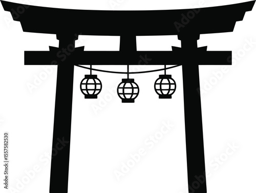 Traditional japanese torii gate with hanging lanterns silhouette