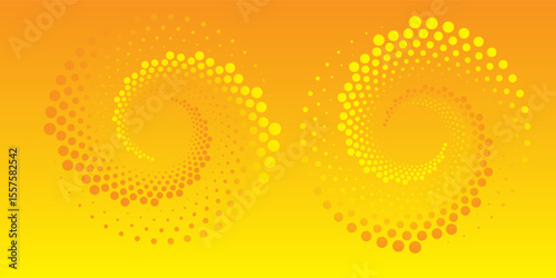 Halftone yellow circular dotted frames set. Circle dots texture isolated on white background. Spotted spray texture.Modern simple