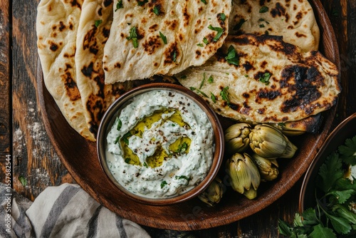 Rustic platter with flatbread and yogurt dip with herbs