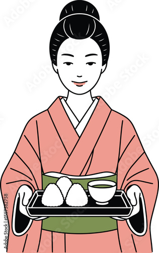 Japanese woman in kimono serving onigiri and green tea silhouette