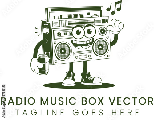 Retro boombox cartoon character with music notes and a drink in hand illustration.