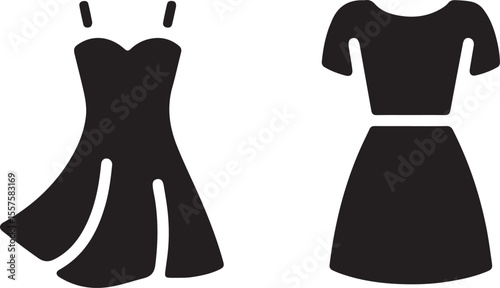 Two black silhouette dresses one short strap dress and one short sleeve dress isolated on white background