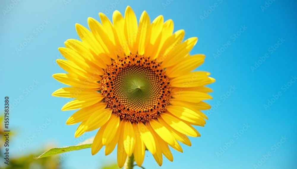 Stunning close-up of a vibrant sunflower with bright yellow petals against a clear blue sky Stunning close-up of a vibrant sunflower with bright yellow petals against a clear blue sky