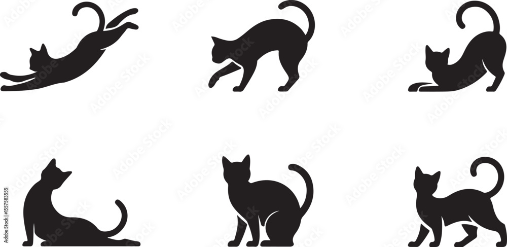Collection of six black cat silhouettes in various poses isolated on white background Collection of six black cat silhouettes in various poses isolated on white background