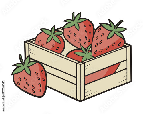 Fresh strawberries spilling out of a wooden crate isolated on white background.