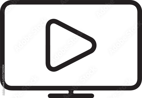 A minimalist black outline icon of a television screen displaying a play button. This clean graphic is perfect for representing video, media playback, or streaming services, isolated on white backgrou