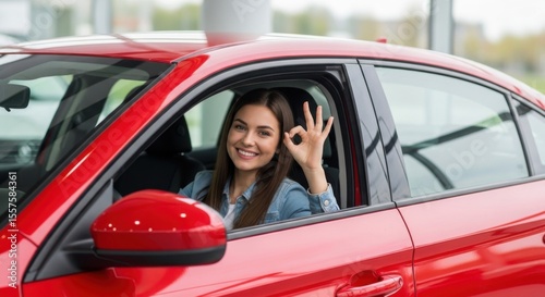 Happy Woman in a Red Car Making Okay Gesture in Showroom
