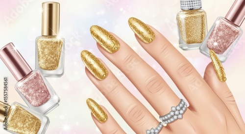 Glamorous Gold Nail Design with Sparkling Nail Polishes and Jewelry