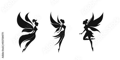 Vector illustration of three graceful fairy silhouettes with elegant wings. Each figure is poised dynamically, capturing the enchanting essence of mythical fairy creatures.
