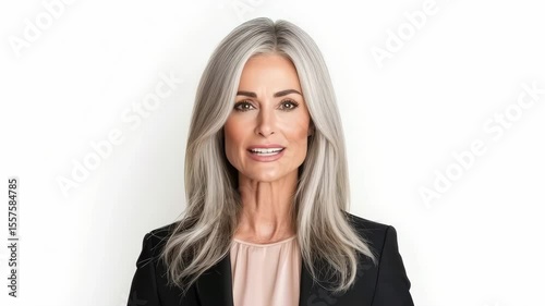 A serene mature woman with silver hair, dressed in professional attire, conveying confidence and tranquility in a bright setting.