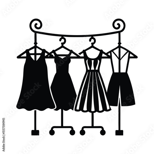 Elegant silhouette of a clothing rack displaying various dresses and a stylish top