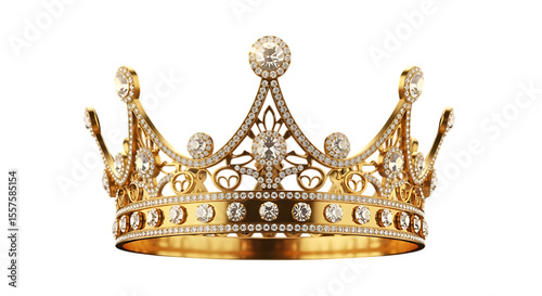 Luxurious golden crown adorned with sparkling diamonds isolated on transparent background