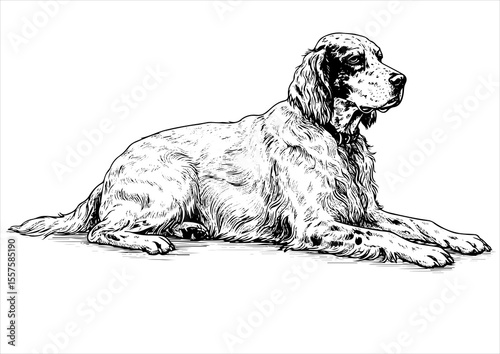 english setter Dog pet portrait engraving intricate retro hand drawn style line art black and white vector illustration, isolated on white background