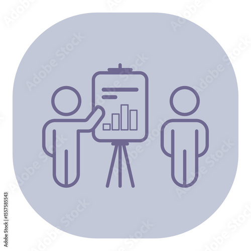 In professional setting, one person pointing at chart on easel while another listening attentively. Presentation dynamics concept