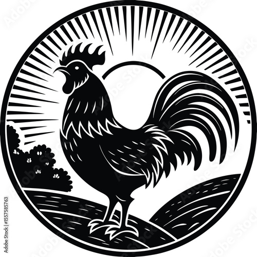 Rooster Sunrise Silhouette Vector ,rooster vector illustration, farm animal, vivid, morning light, environment