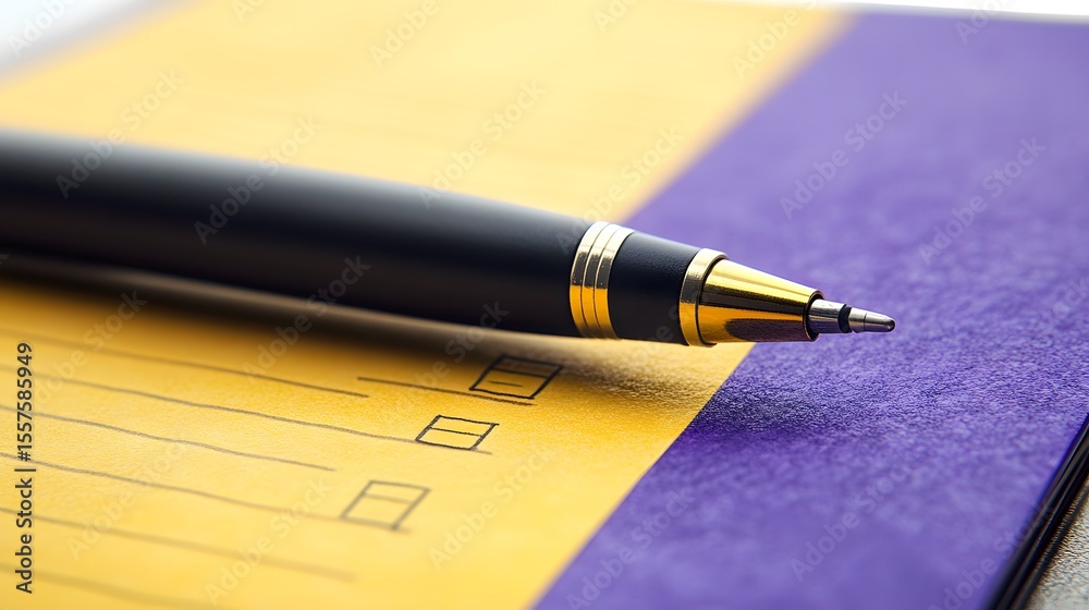 Fototapeta premium Close-up of Pen on Yellow and Purple Checklist Notepad
