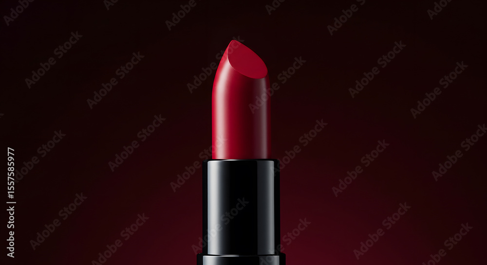 Obraz premium Crimson lipstick with a sleek black case stands out against a deep red background, showcasing luxury and cosmetic elegance.