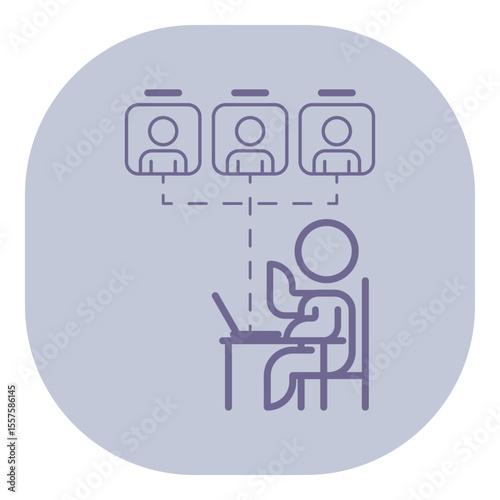Simple line icon of person seated at desk engaging in online meeting, interacting with three other participants shown above on screens