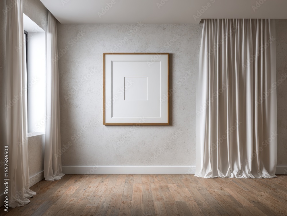 Fototapeta premium A white framed picture hangs on a wall in a room. The curtains are white and the room is empty