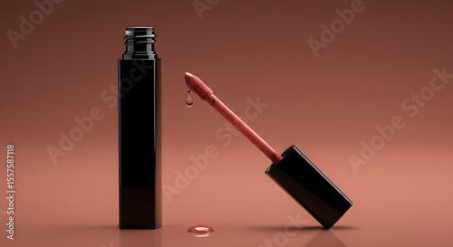 Elegant still life showcasing a bottle of lip gloss and applicator against a studio backdrop, beauty and cosmetics