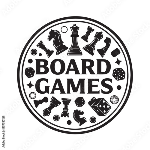 Board games emblem with chess pieces and dice minimalistic illustration