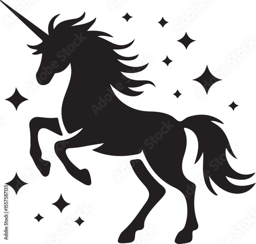 Black silhouette of a majestic unicorn with a flowing mane and tail isolated on white background