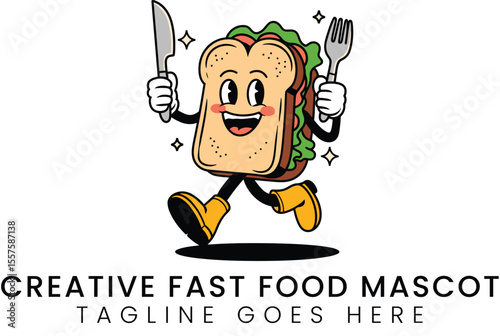 Cheerful sandwich character with cutlery embodies fast food fun and appetite