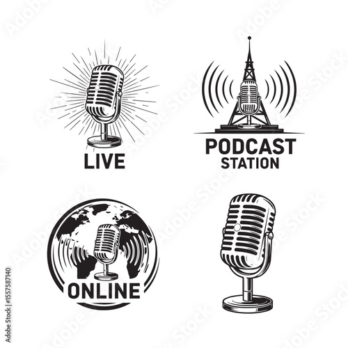 Black and white podcast logos featuring microphones for live online and radio shows