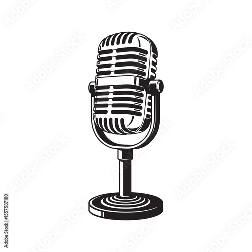 Black and white illustration of a classic retro microphone for podcasting