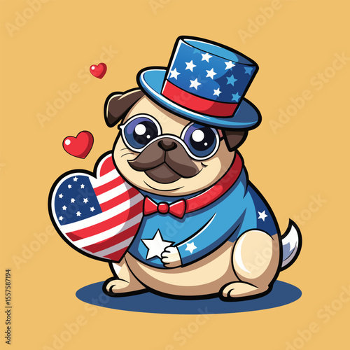 Cute cartoon pug wearing big USA top hat and heart sunglasses hugging American flag with sparkles