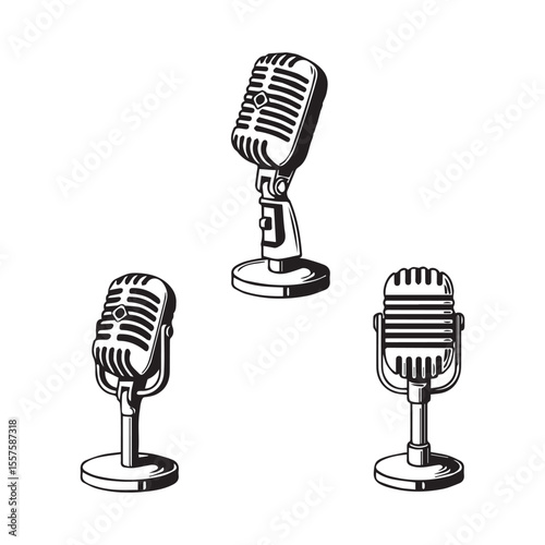 Vintage microphone collection classic broadcast equipment vector illustration set