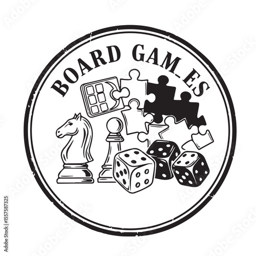 Vintage board games emblem featuring chess pieces dice and jigsaw puzzle