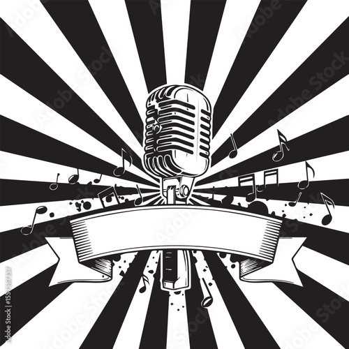 Vintage microphone black and white with music notes and banner space