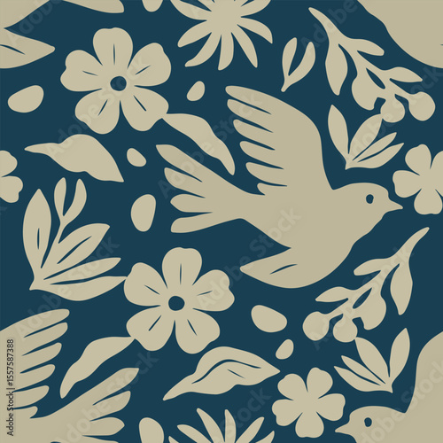 Hand drawn mixed ethno style ornament seamless pattern with birds. Abstract trendy monochrome print.