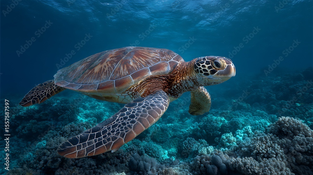 Obraz premium Sea turtle gliding over reef