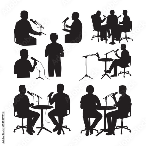Podcast silhouettes people talking into microphones in studio black and white illustrations