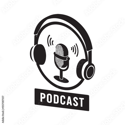 Podcast recording studio equipment with microphone and headphones minimalist monochromatic illustration