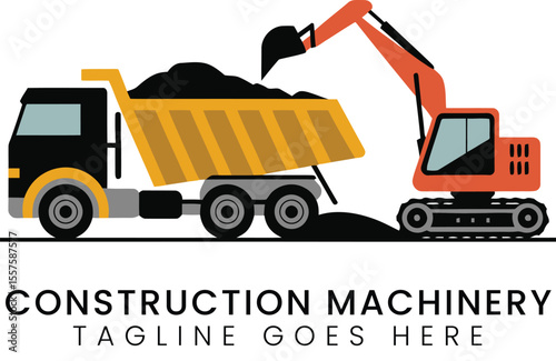Construction site machinery featuring an excavator and dump truck illustration