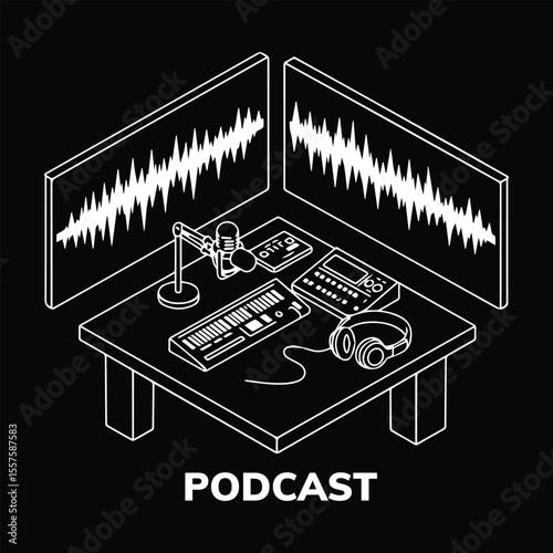 Podcast recording setup with microphone headphones and sound mixing equipment on a table